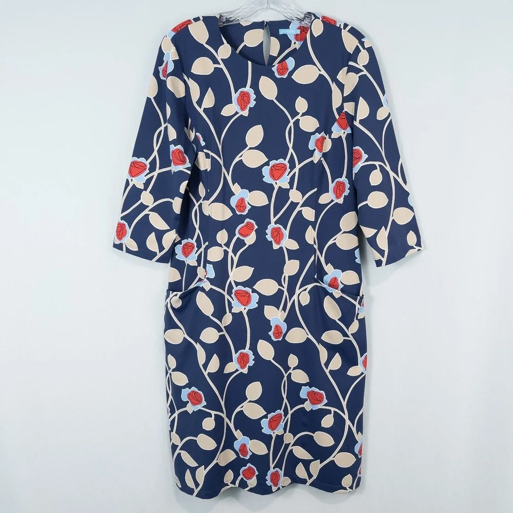 J McLaughlin Catalyst Sheath Dress Large Navy Floral Catalina Cloth Pockets